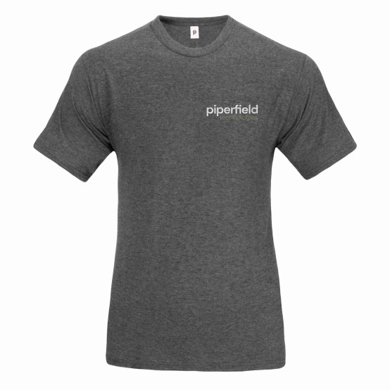 A Piperfield Technologies branded tee-shirt in gray, on a white background